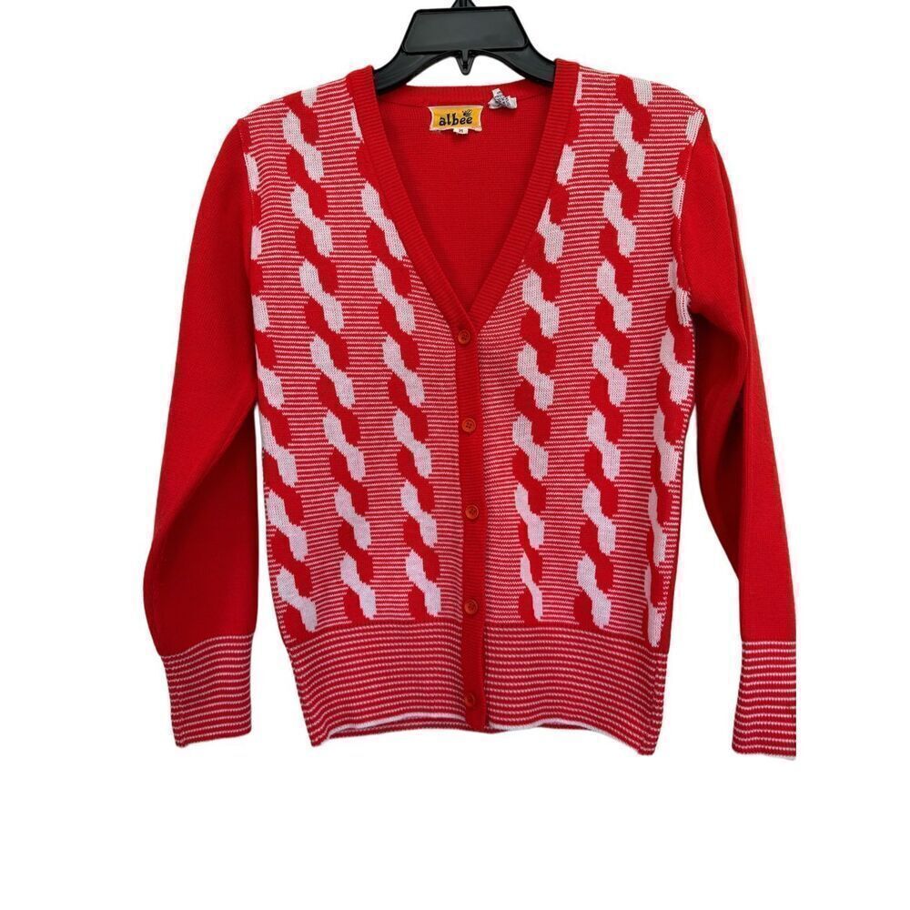 Albee women’s vintage 70s red white bowling cardigan sweater retro v-neck